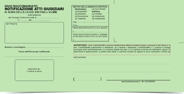 Ai sensi della Legge 890/1982 con Autorizzazione F.to11x23 generica