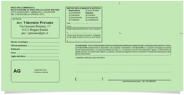 Nuova Busta Verde Notificazione in proprio Atti Giudiziari 11x23 personalizzata