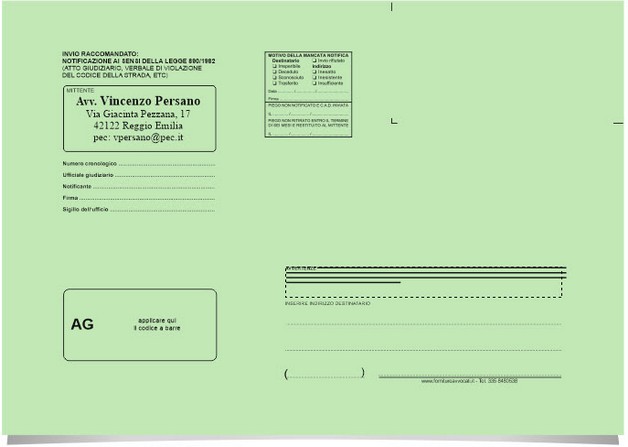 Nuova Busta Verde Notificazione in proprio Atti Giudiziari 23x33 personalizzata
